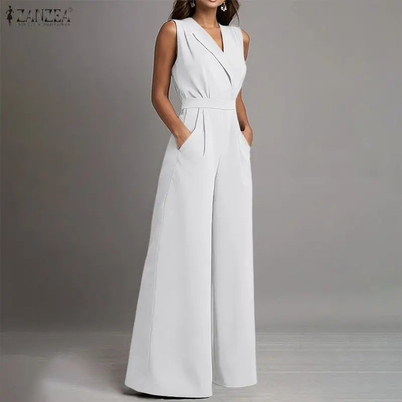 White elegant sleeveless wide-leg jumpsuit from Celina Studio featuring a tailored waist and timeless minimalist style.