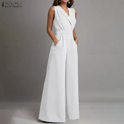 White elegant sleeveless wide-leg jumpsuit from Celina Studio featuring a tailored waist and timeless minimalist style.