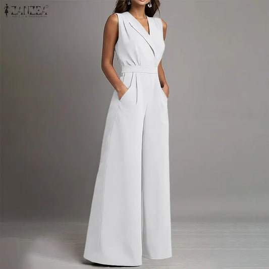 White elegant sleeveless wide-leg jumpsuit from Celina Studio featuring a tailored waist and timeless minimalist style.