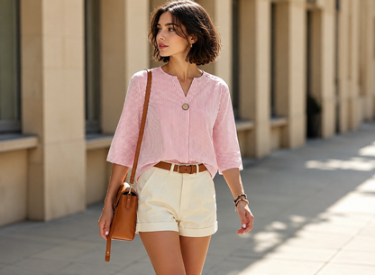 Elegant Striped V-Neck Roll Sleeve Blouse