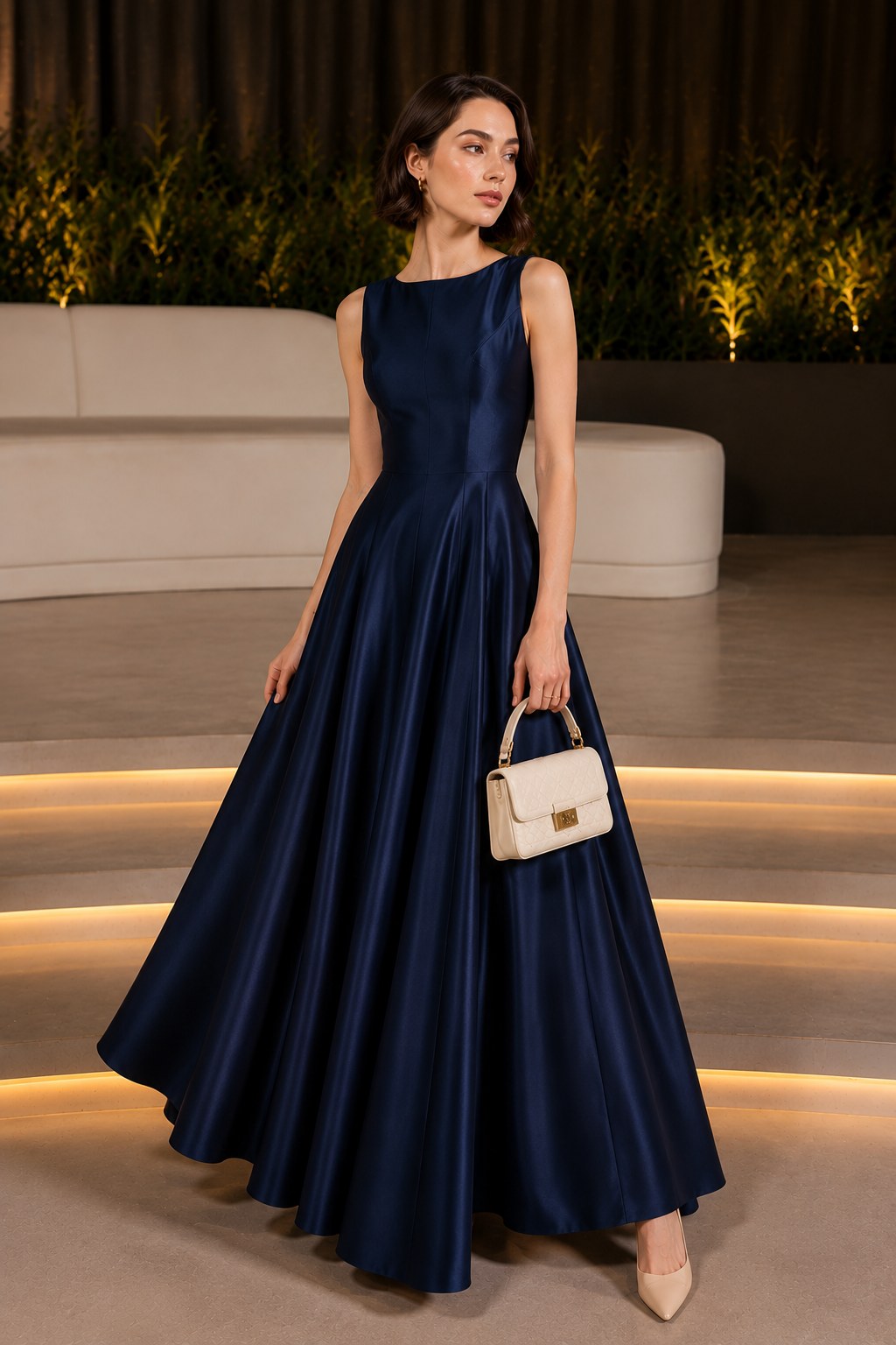 Woman wearing a blue sleeveless A-line maxi gown with a flowing floor-length skirt.
