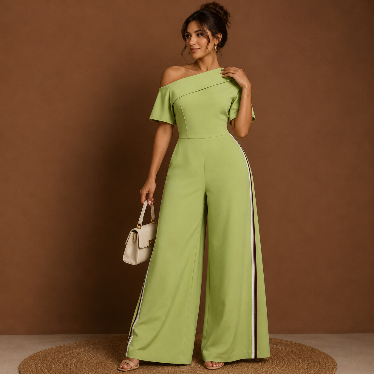Sage Green off-shoulder wide-leg jumpsuit by Celina Studio featuring a flattering waistline and flowing wide-leg silhouette.