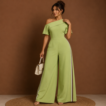 Sage Green off-shoulder wide-leg jumpsuit by Celina Studio featuring a flattering waistline and flowing wide-leg silhouette.