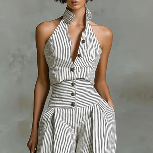 Woman wearing the Celina Studio Riviera Stripe Halter Wide-Leg Jumpsuit featuring a striped halter neckline, button-front detail, and a flowing wide-leg silhouette.